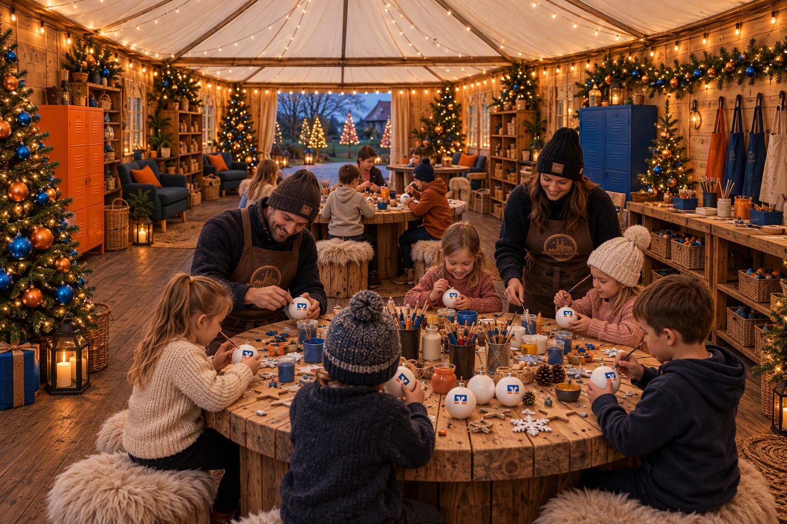 Kinder bemalen in der Funkelwerkstatt gemeinsam Weihnachtskugeln