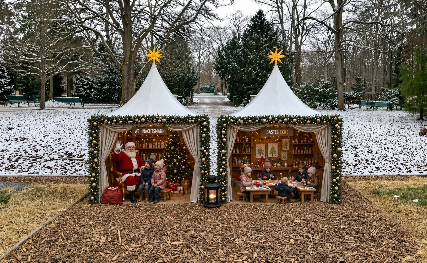 Pagode mit Weihnachtsmann und Bastelecke im Schnee
