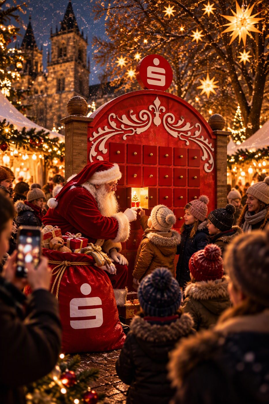 Weihnachtsmann öffnet mit Kindern ein Türchen am roten Adventskalender