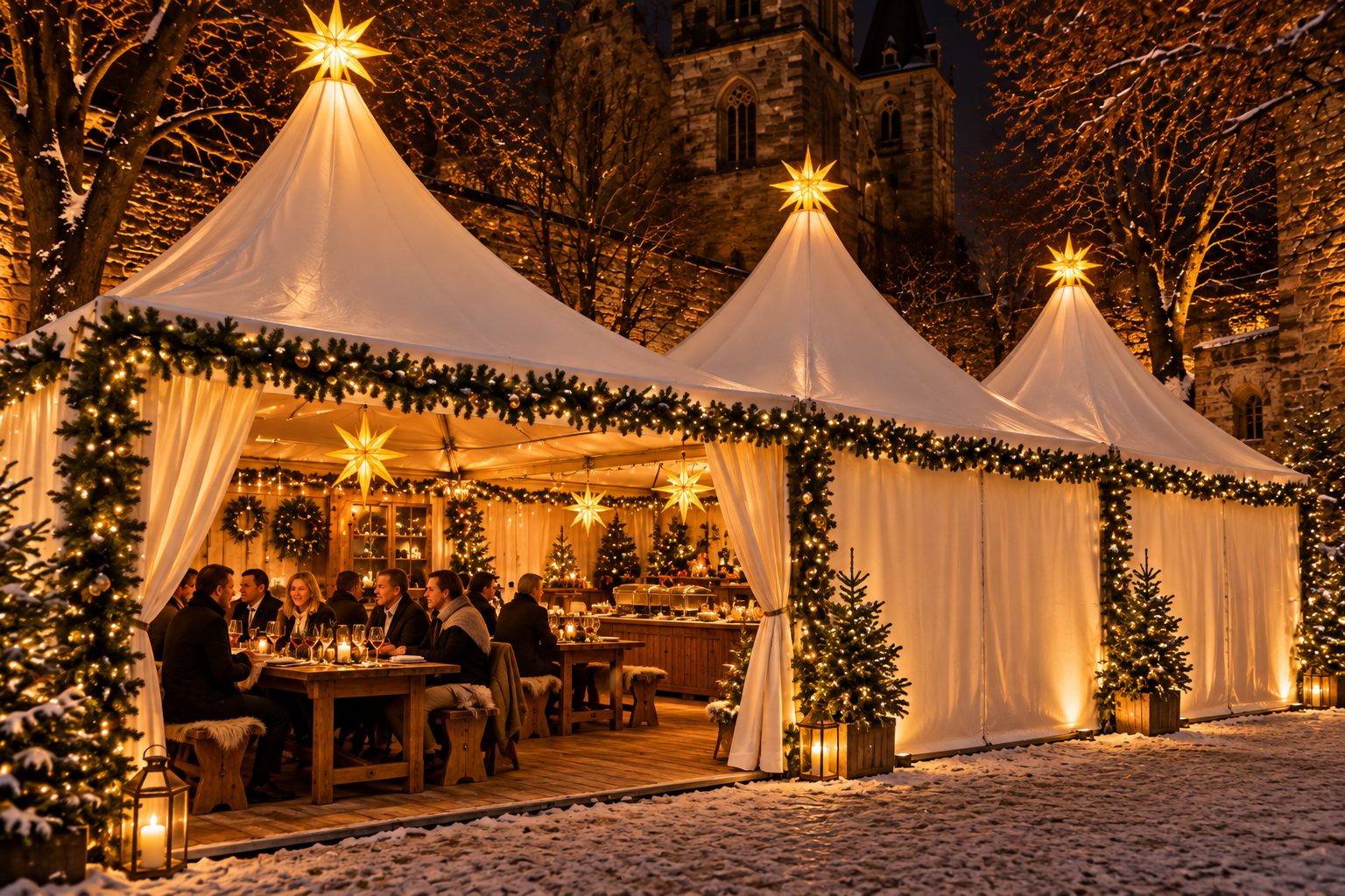 Beleuchtete Pagoden mit festlich gedeckten Tischen und Weihnachtsdeko im Schnee
