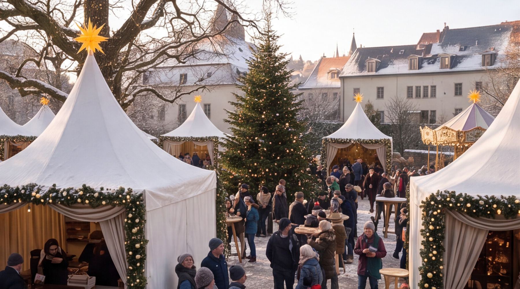 Pagoden und Weihnachtsbaum auf dem Markt